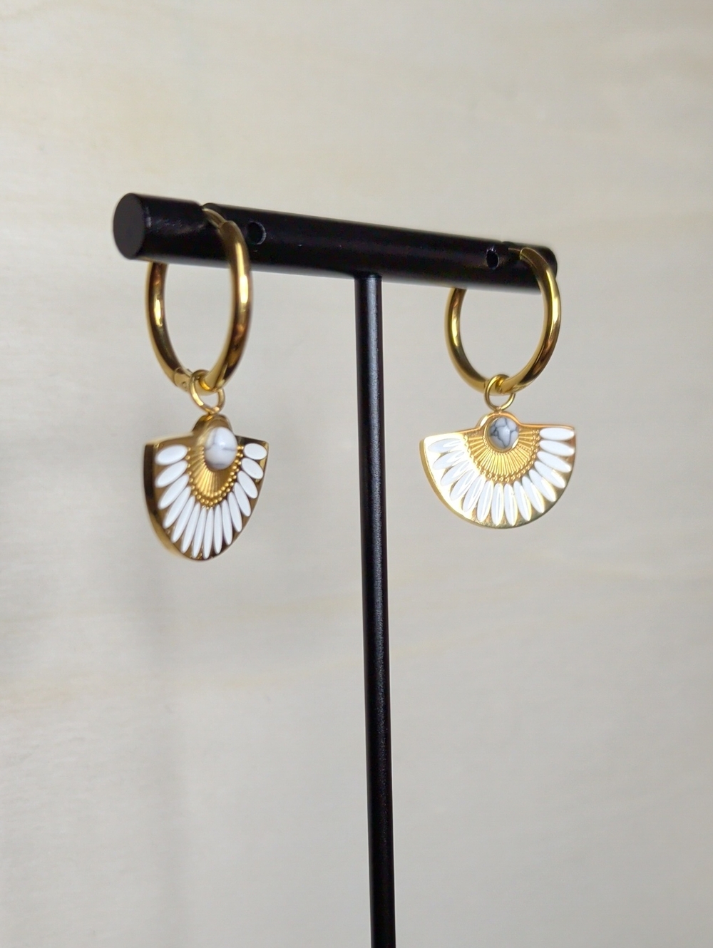 18k Gold Plated Stainless steel with White enamel Fan Huggie Drop Earrings
